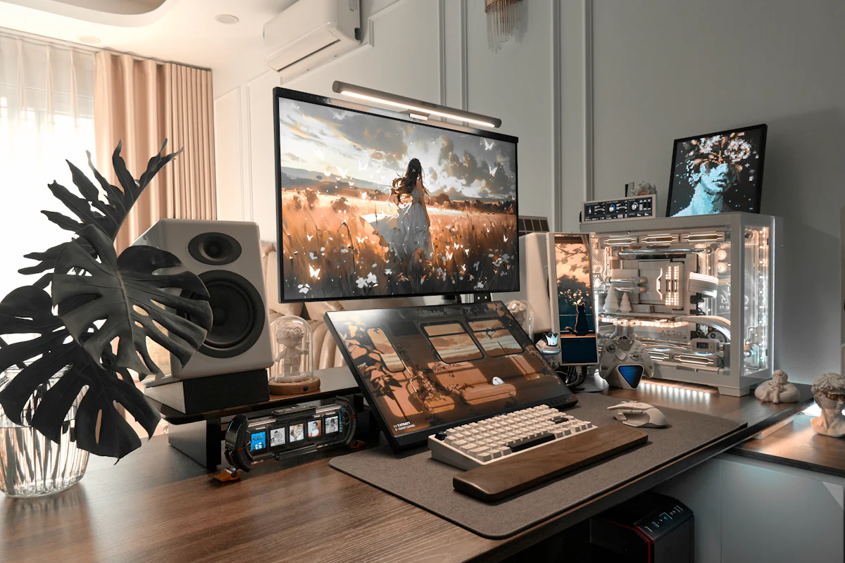 Secretária com monitor grande, colunas de som e computador de caixa transparente